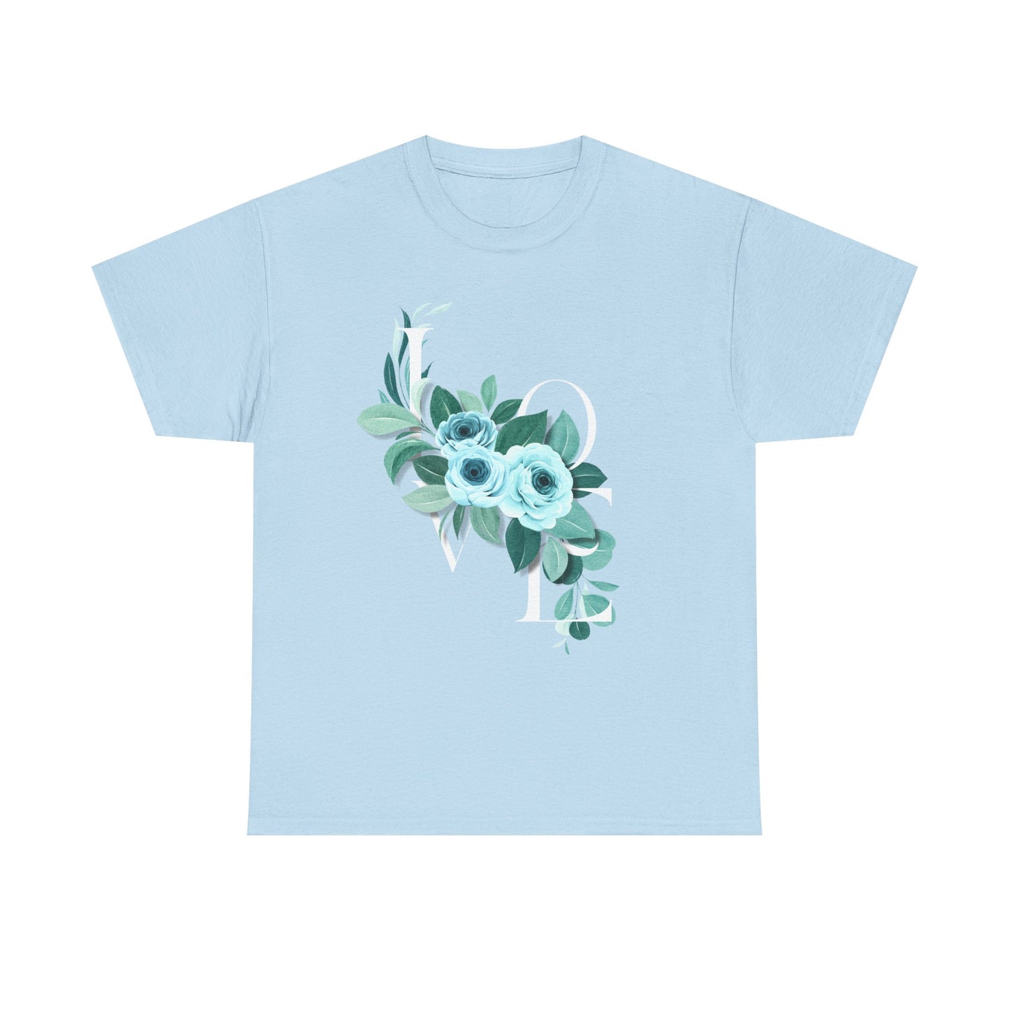 Love Rose Tee, Valentine's Day Shirt, Blue Floral Design, Gift for Her, Cute Graphic T-Shirt