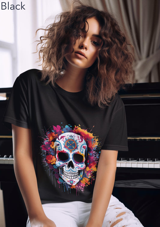 Tshirt d'Halloween avec tête de mort, Jour des Morts, tshirt avec crâne coloré et fleurs pour le Día de los Muertos, tshirt unisexe oversize