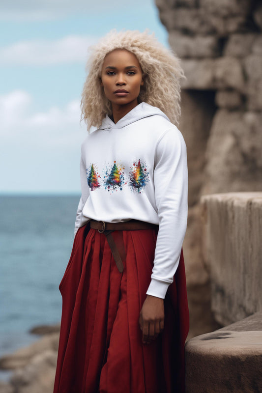 Hoodie de Noël festif avec sapins colorés Tenue d'hiver confortable pour répandre la joie des fêtes, cadeau idéal pour les amoureux de l'art